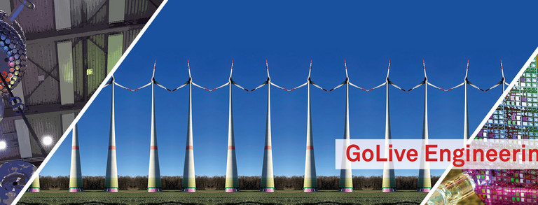 Collage: HVDC hall, wind turbines, wafers