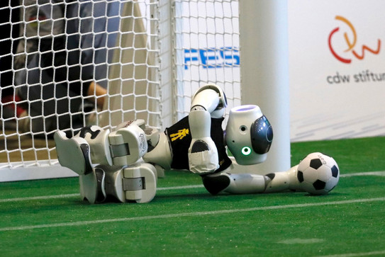 Fussballroboter in Aktion vor dem Tor