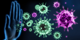 Stopp Corona/Grafik: Hand hält Viren auf