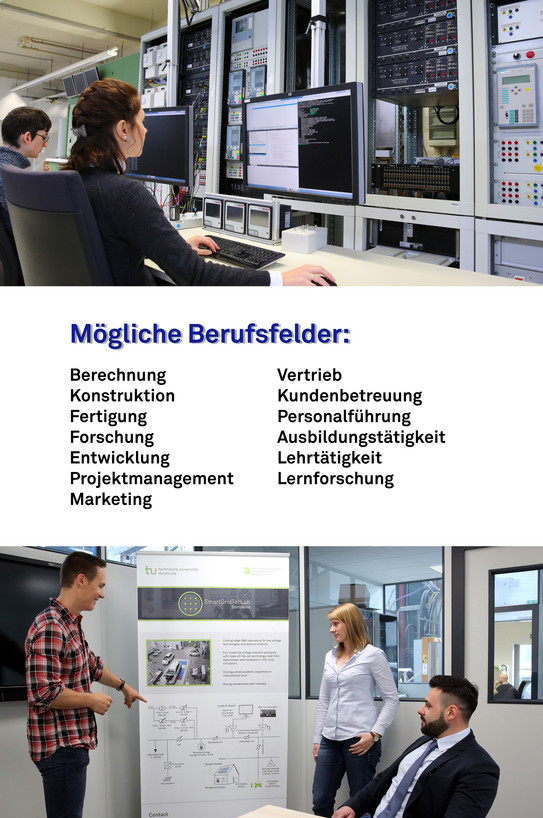 Studierende in verschiedenen Arbeitssituationen auf dem Gebiet der Elektrotechnik