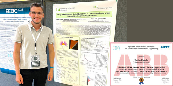 Tobias Kuhnke in front of posters and with ABB certificate