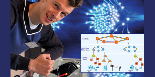 Junger Mann vor Versuchsaufbau Glasfasertechnologie