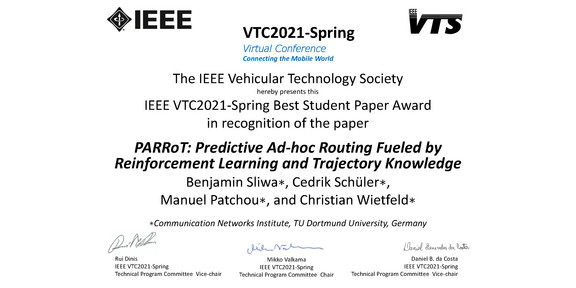 Urkunde Best Student Paper Award für Wissenschaftler des Lehrstuhls für Kommunikationsnetze