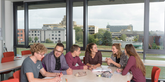 Studierende sitzen mit Lernunterlagen am Tisch.