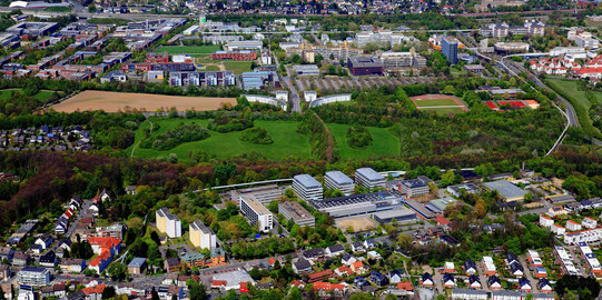 The picture shows the Campus of TU Dortmund University from above.